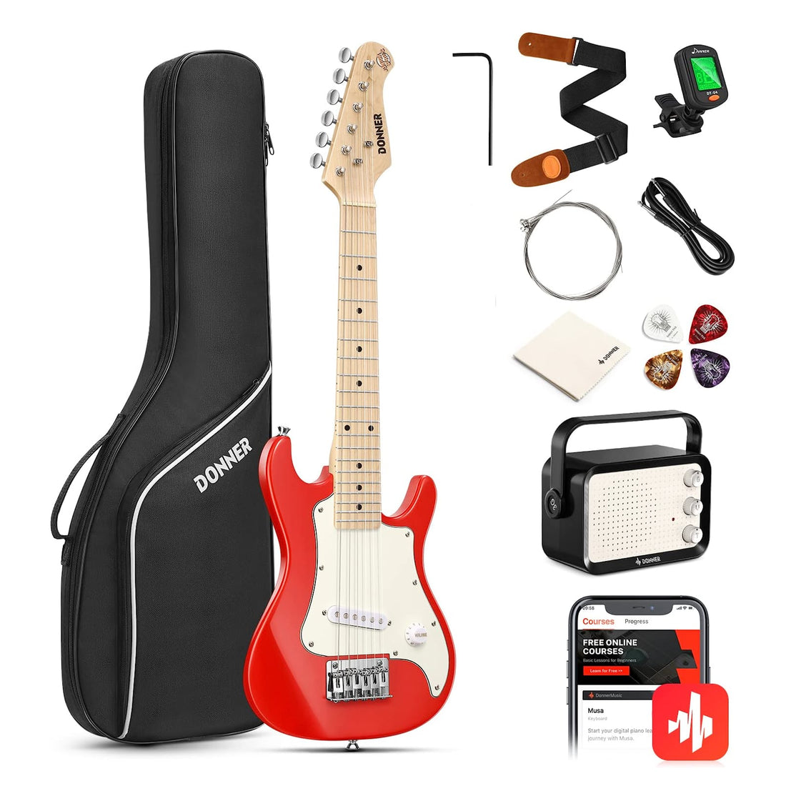 Donner DSJ-100 ST junior electric guitar in red with the complete beginner kit: gig bag, amp, strap, tuner, cable, picks, spare strings and cloth