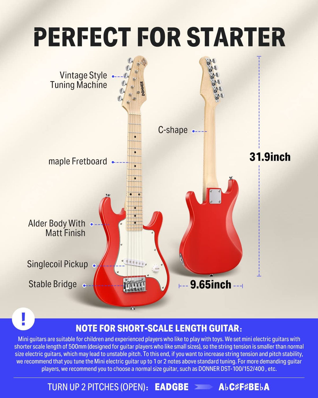 Donner diagram of the DSJ-100 ST showing alder body, maple fretboard, single-coil pickup, stable bridge, C-shape neck, 31.9 inch length and 9.65 inch body width